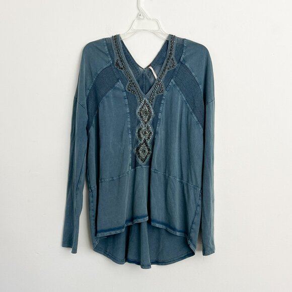 Free People // Blue Boho Focus On The Center Top Small Beaded Tunic M - Picture 2 of 7